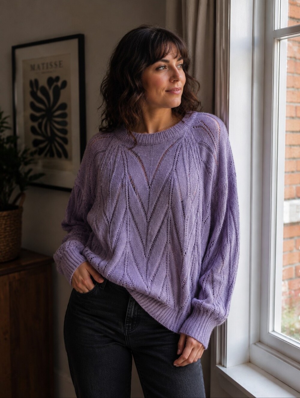 MNG Mango Lavender Openwork Knit Sweater Size Large